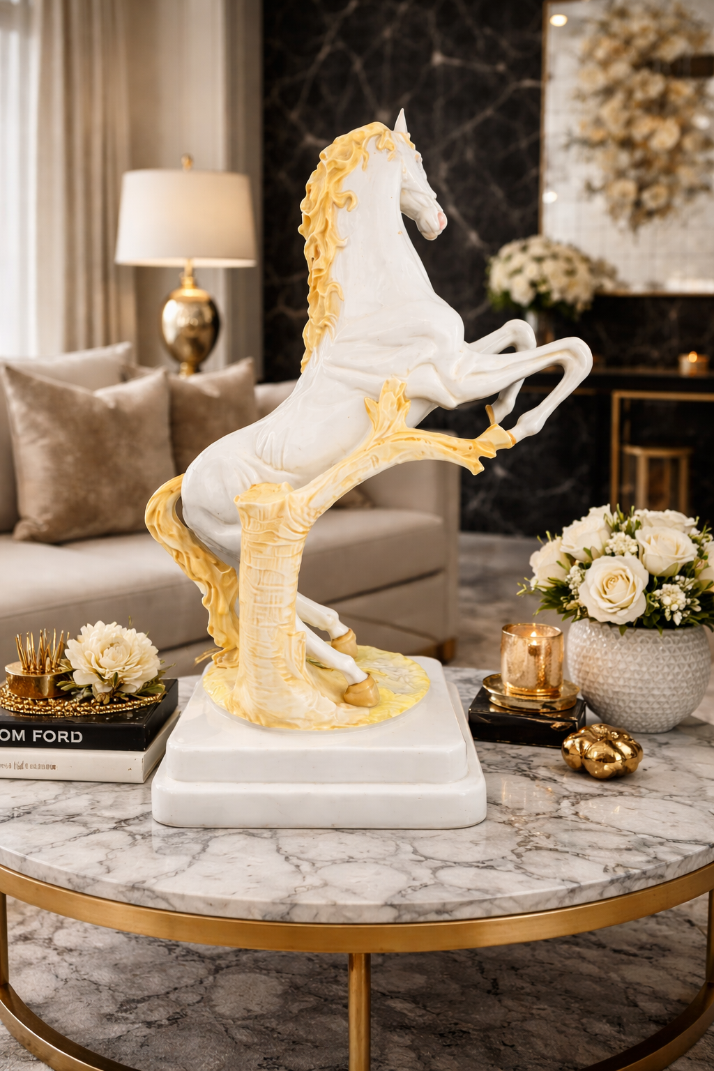 Heavy marble horse figurine 16.5kg statement decor piece NZ
