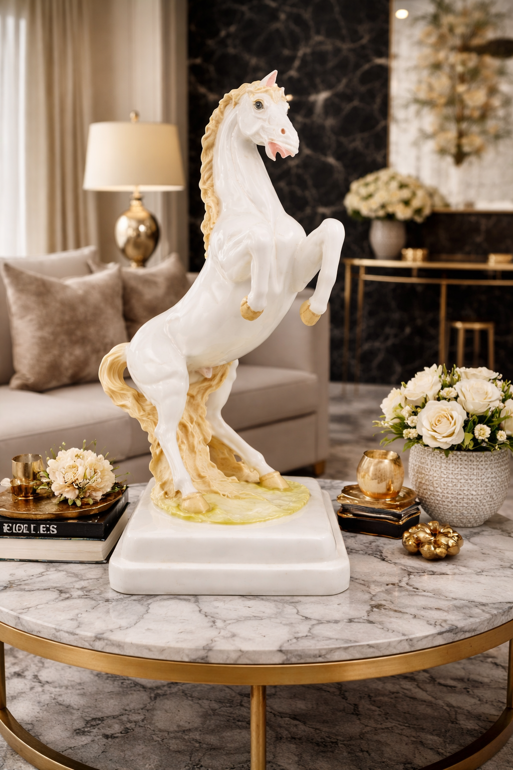 Luxury marble horse sculpture 2ft white and gold decor NZ