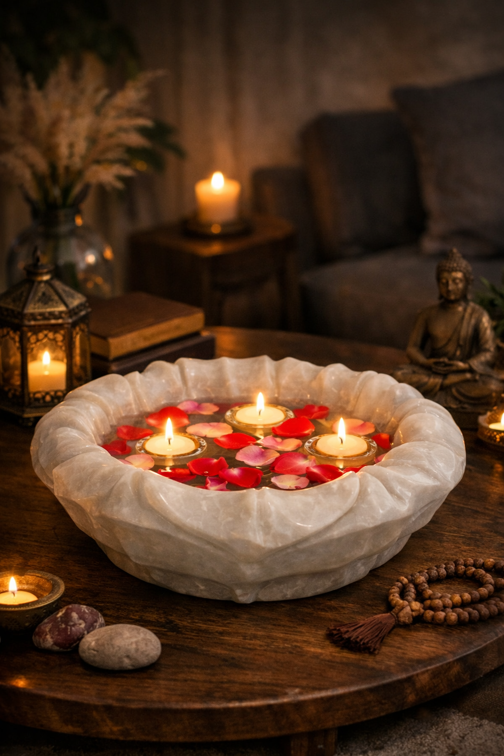 Hand-carved white marble lotus bowl centrepiece with floating candles and rose petals on a dark wooden living room table