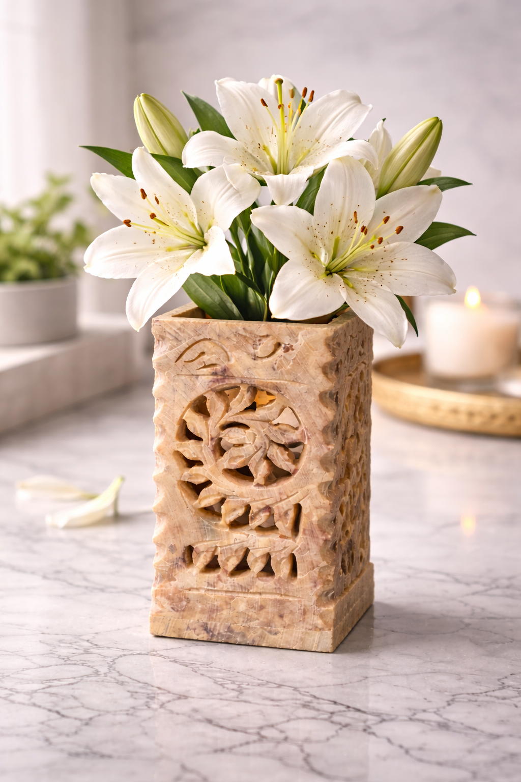 Square soapstone floral stand styled as a small vase with dried flowers on a modern console table.