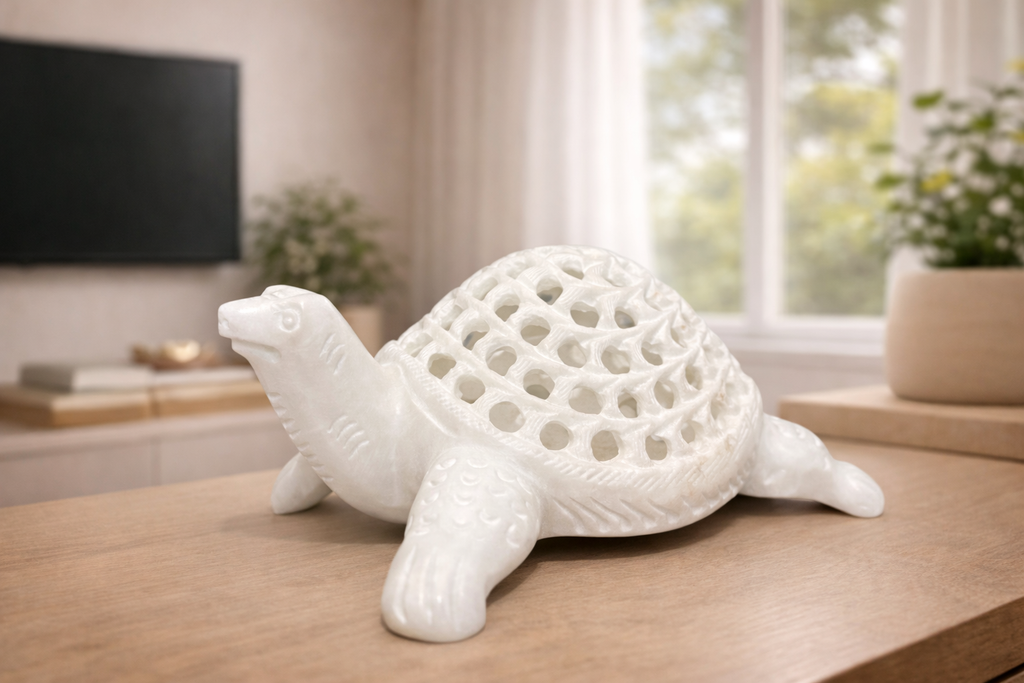 Decorative white marble turtle sculpture symbolising longevity in modern home interior