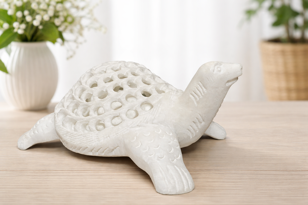 Luxury marble turtle statue with intricate carved shell on wooden table décor