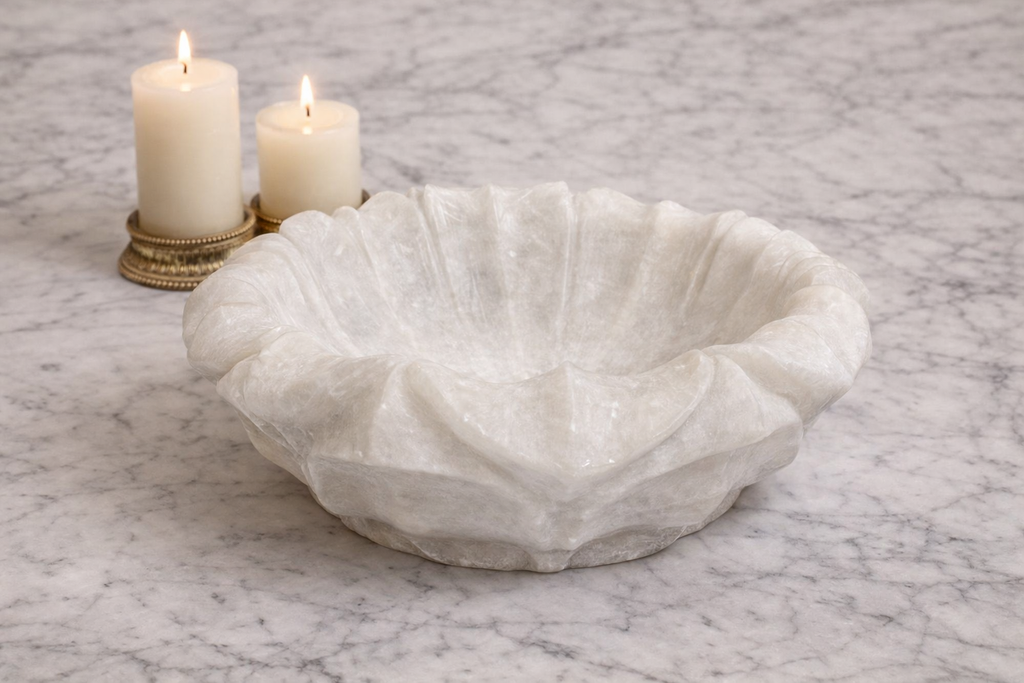 Elegant marble lotus centrepiece bowl on marble countertop