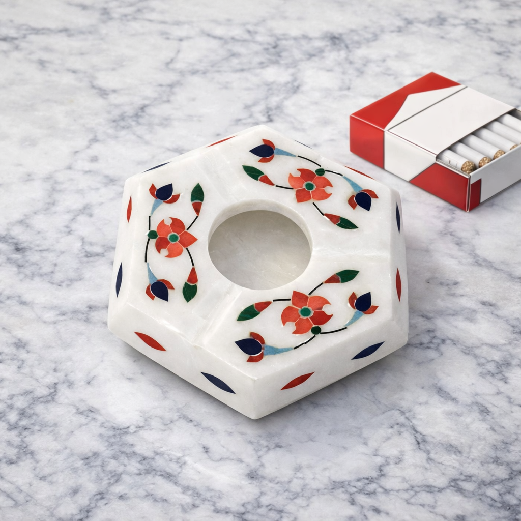 Elegant, handcrafted marble ashtray with smoking cigarette and floral stone inlay design