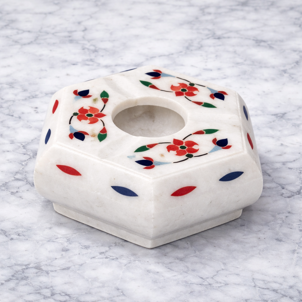 Decorative marble cigarette ashtray with traditional floral inlay artwork