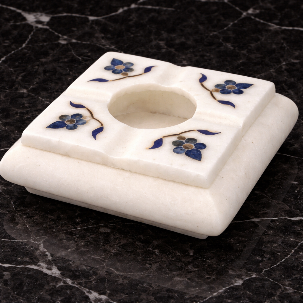 Handcrafted marble ashtray with blue floral inlay design luxury stone ashtray decor