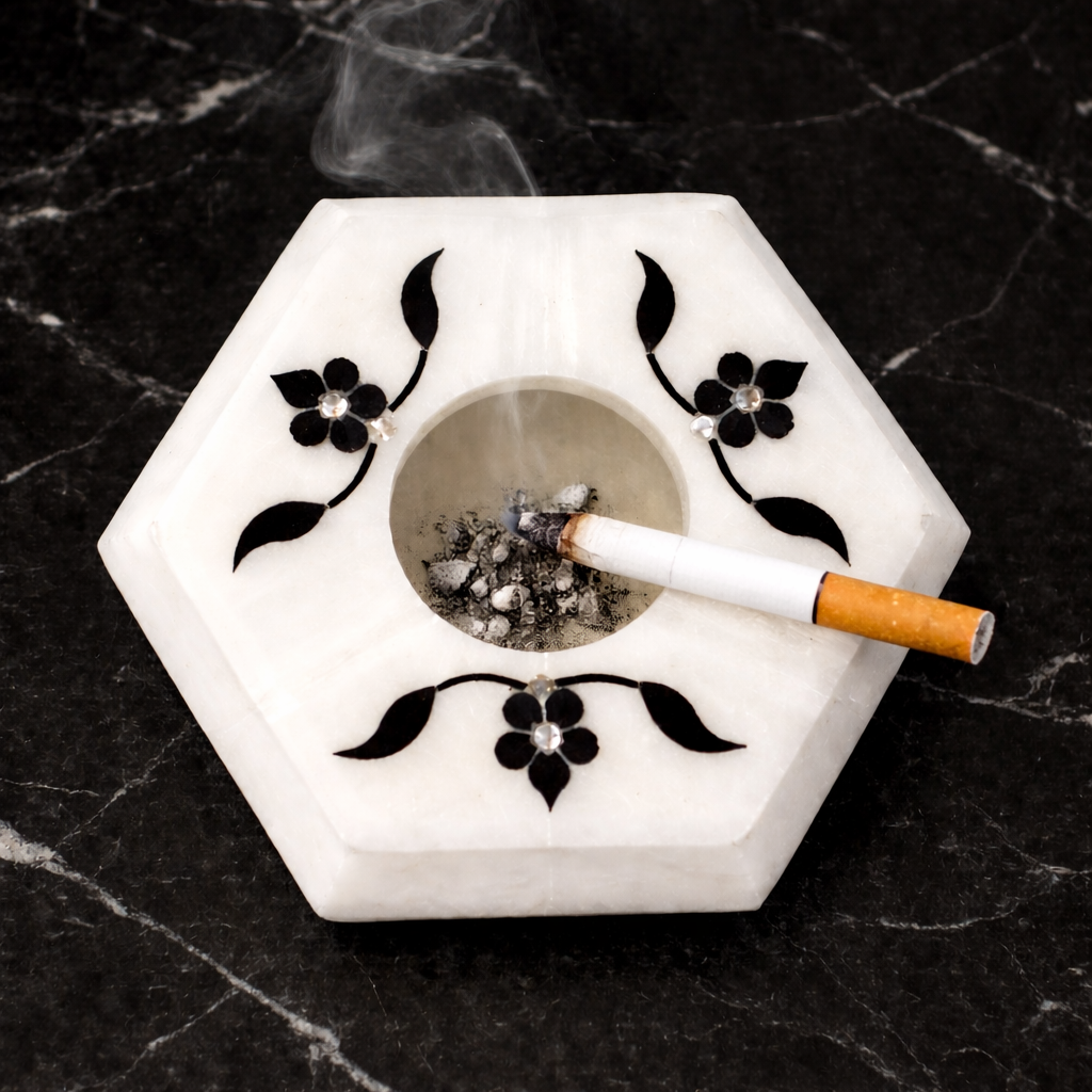 Marble Hexagon Ashtray with Blue Inlay – Handcrafted Stone