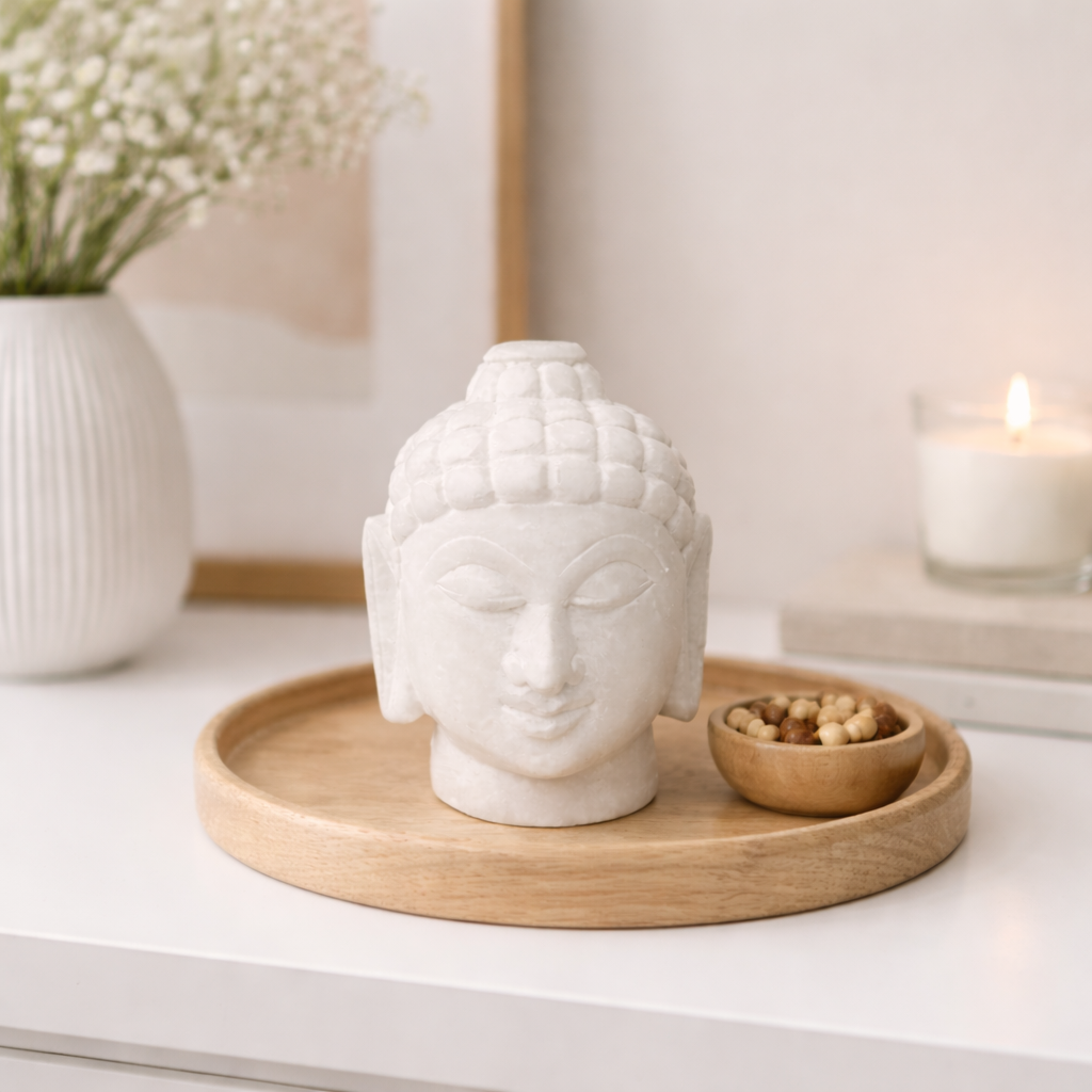 Zen home decor featuring white marble Buddha head statue with candles