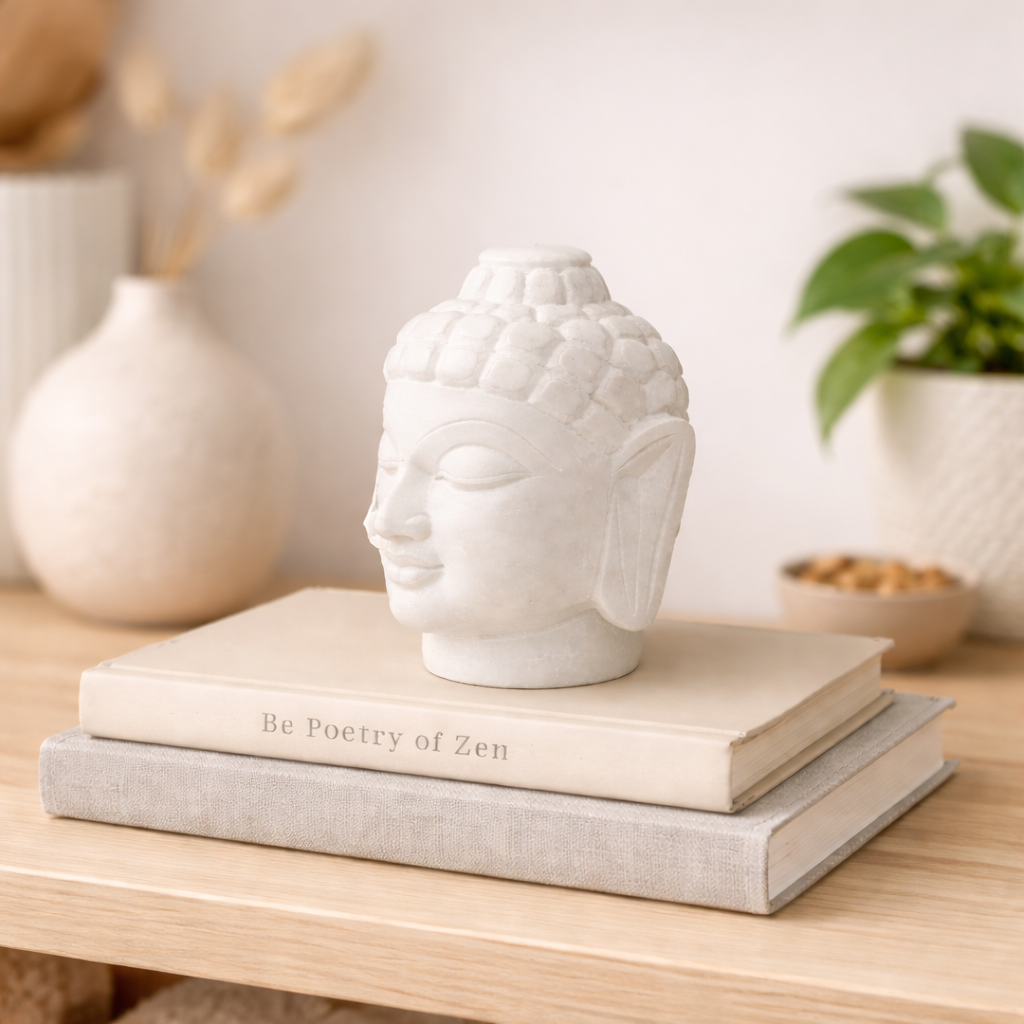0.282 kg White marble Buddha head sculpture placed on books in minimalist zen home decor setting nz