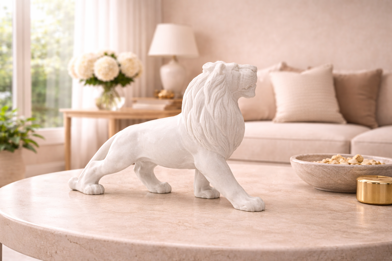Premium white marble lion statue displayed on stone coffee table with neutral interior styling nz
