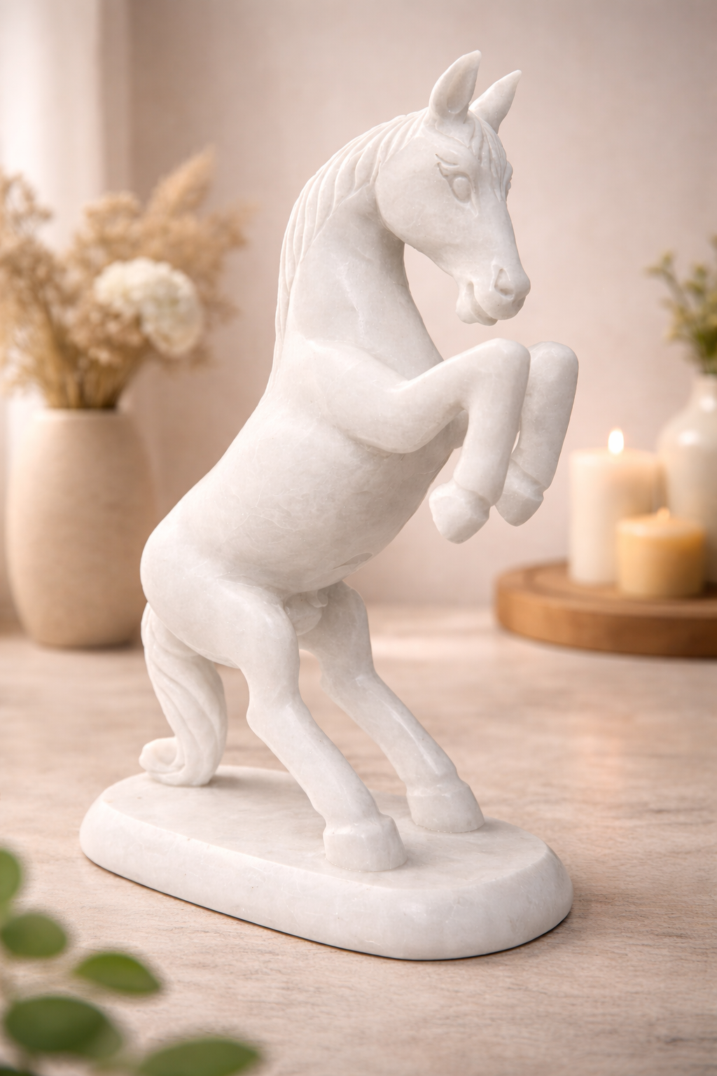 1.86 kg Hand-carved white marble rearing horse sculpture on marble base styled in modern home décor