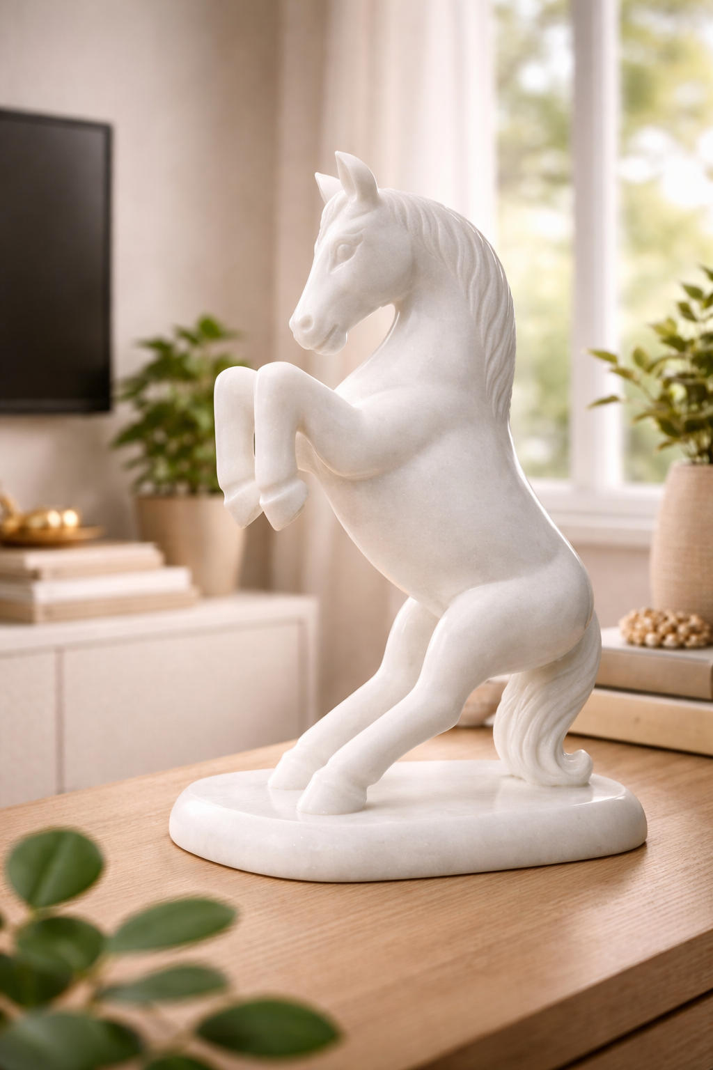Luxury white marble horse statue rearing on marble base for elegant home décor nz