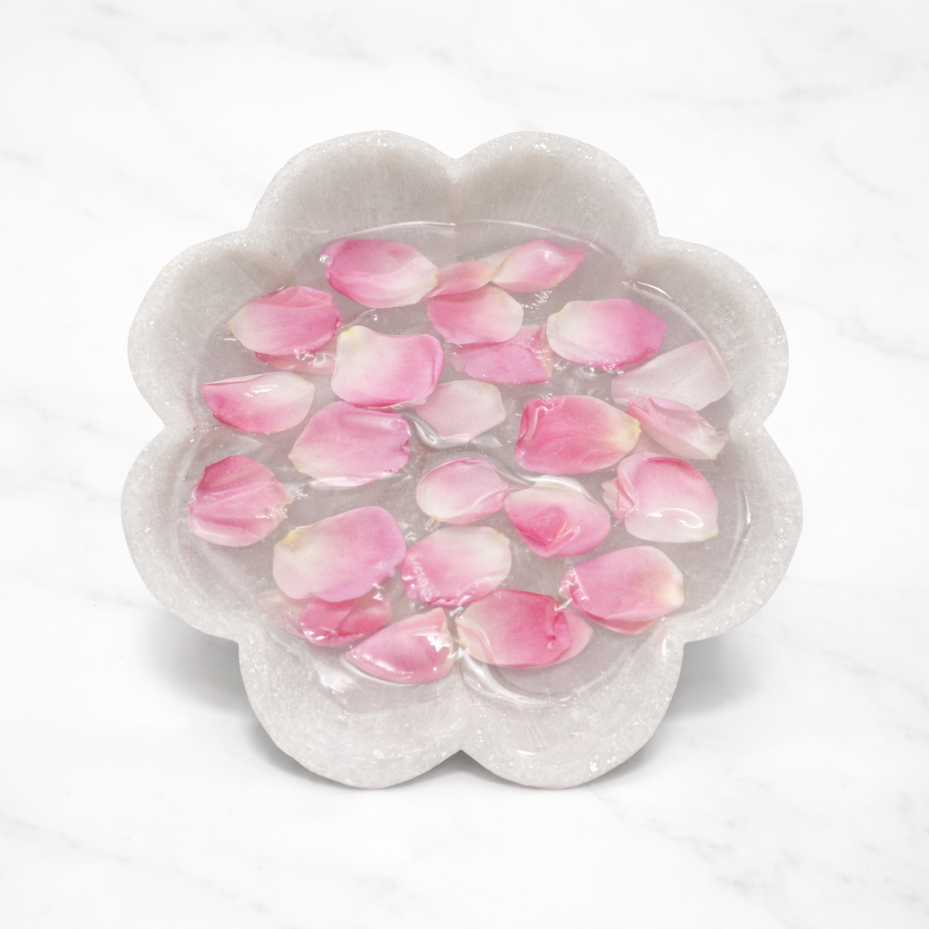 White marble lotus bowl with floating rose petals – decorative marble bowl