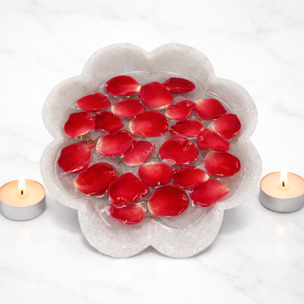 0.706 kg White marble lotus bowl with floating rose petals and candles decorative centrepiece