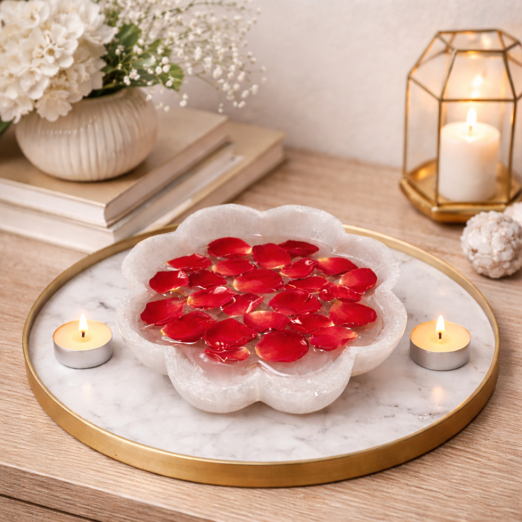 Decorative marble lotus bowl with water and rose petals for home décor