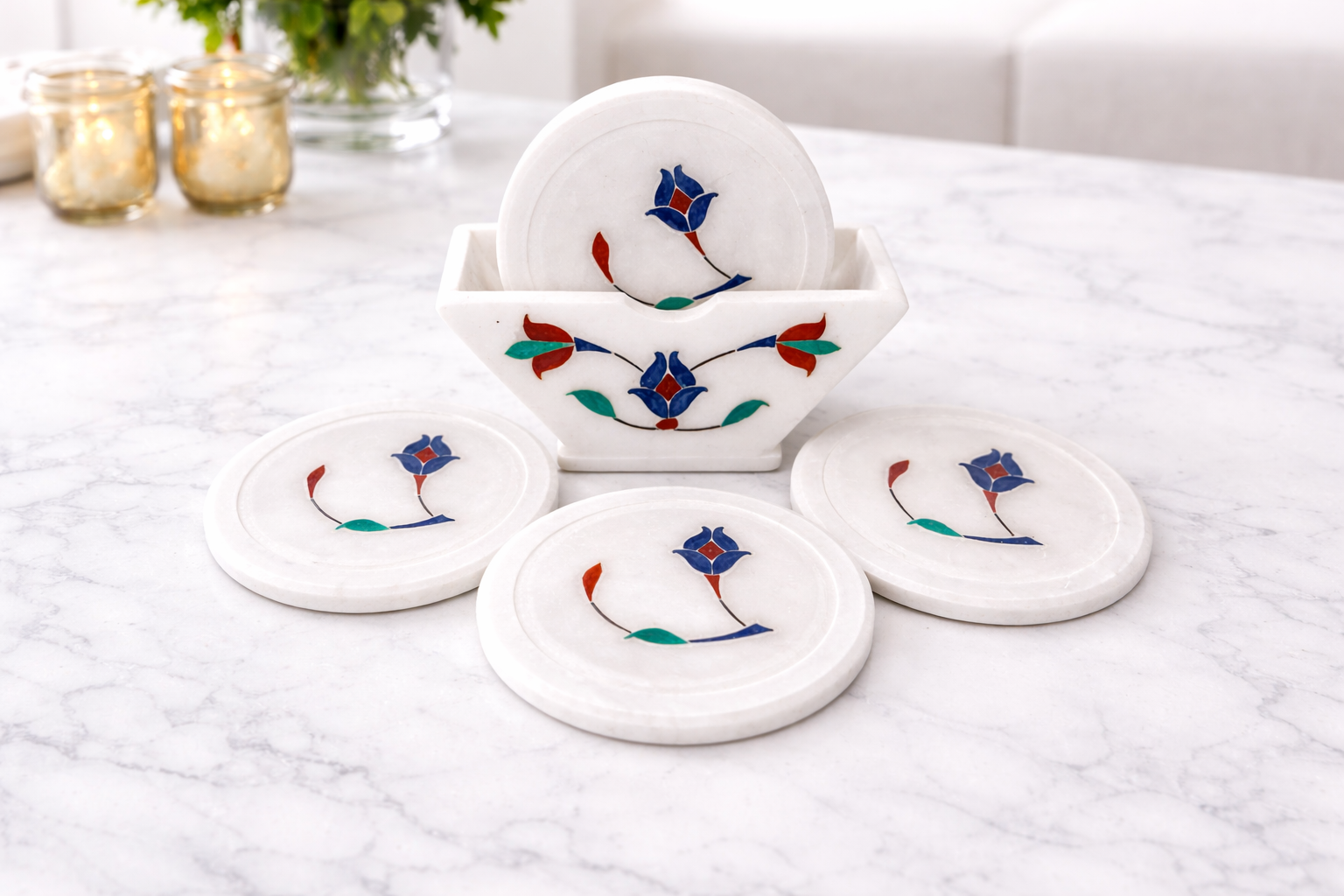 White marble coaster set with multicolour floral pietra dura inlay and matching marble holder