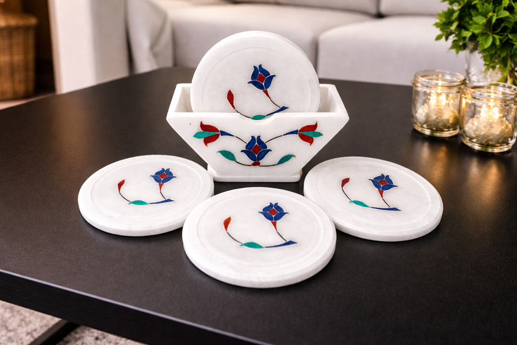 marble coaster set on wooden coffee table with drink coasters