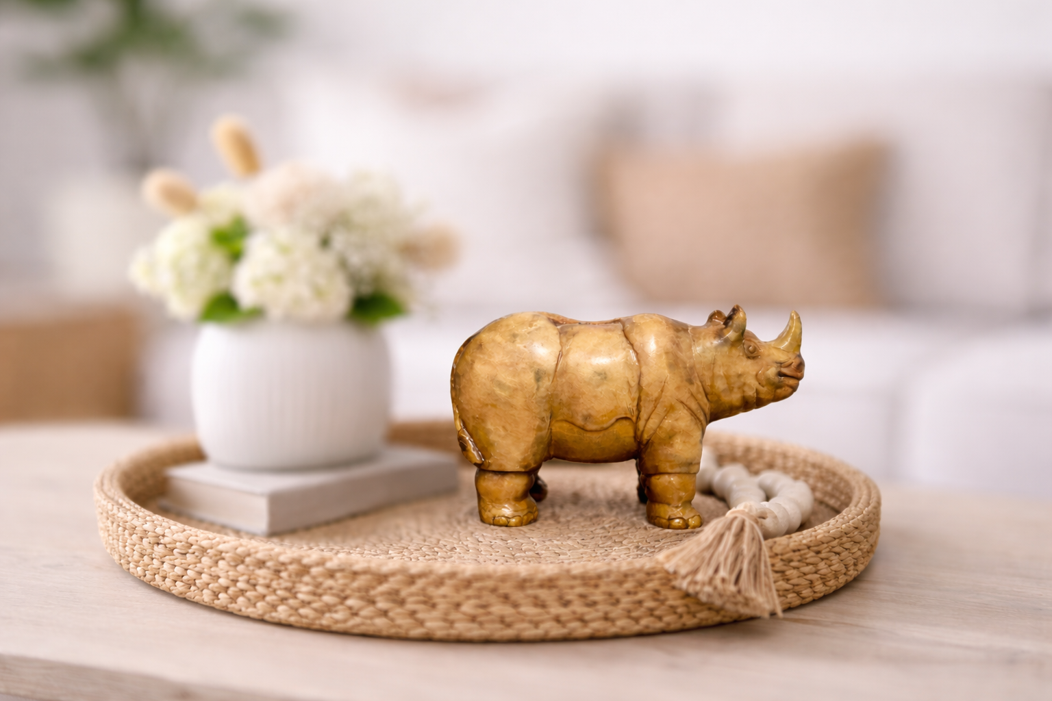 hand carved soapstone rhino sculpture decorative stone figurine on woven tray home decor nz