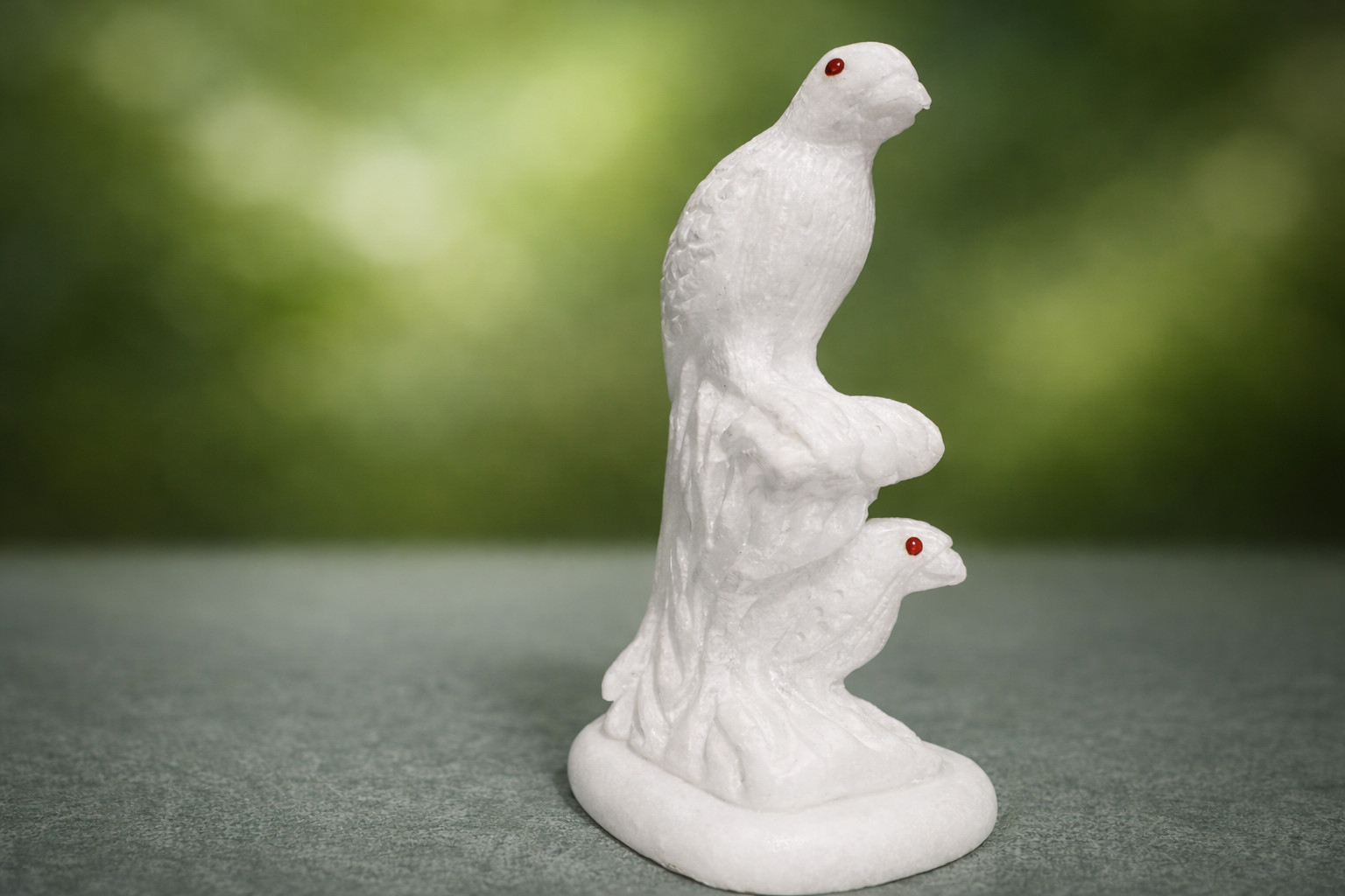 White marble bird figurine pair with carved detailing displayed against soft green background 