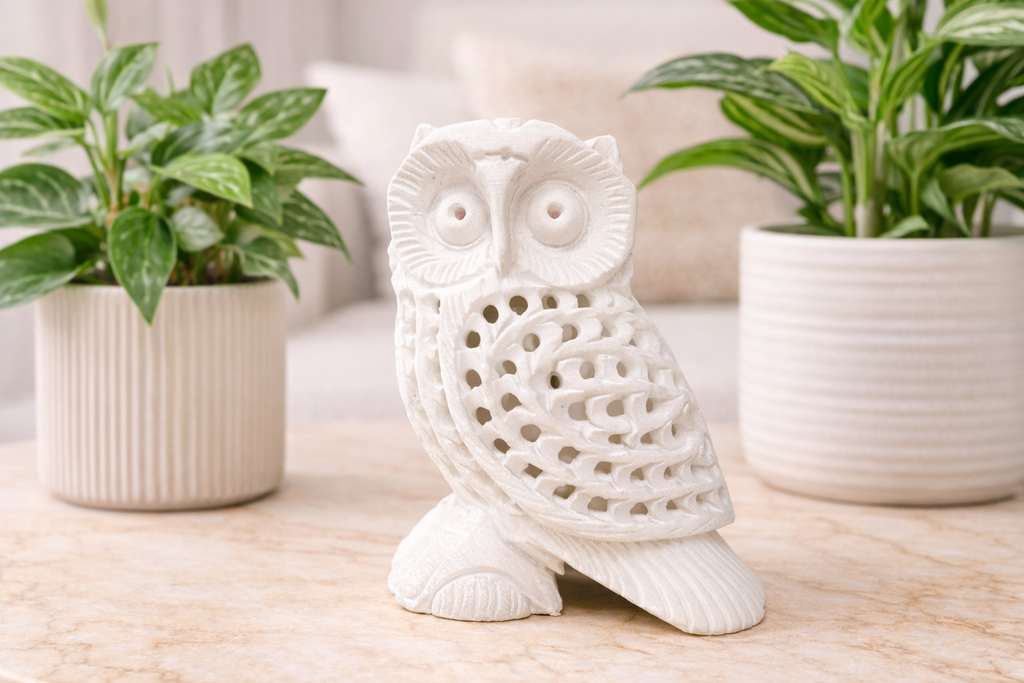 0.141 kg Hand-carved white marble owl sculpture on wooden table with indoor plants – luxury home décor NZ
