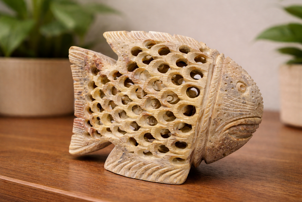 Hand-carved soapstone fish sculpture with lattice detailing, natural stone decorative accent styled on wooden table with indoor plants, modern home décor piece.