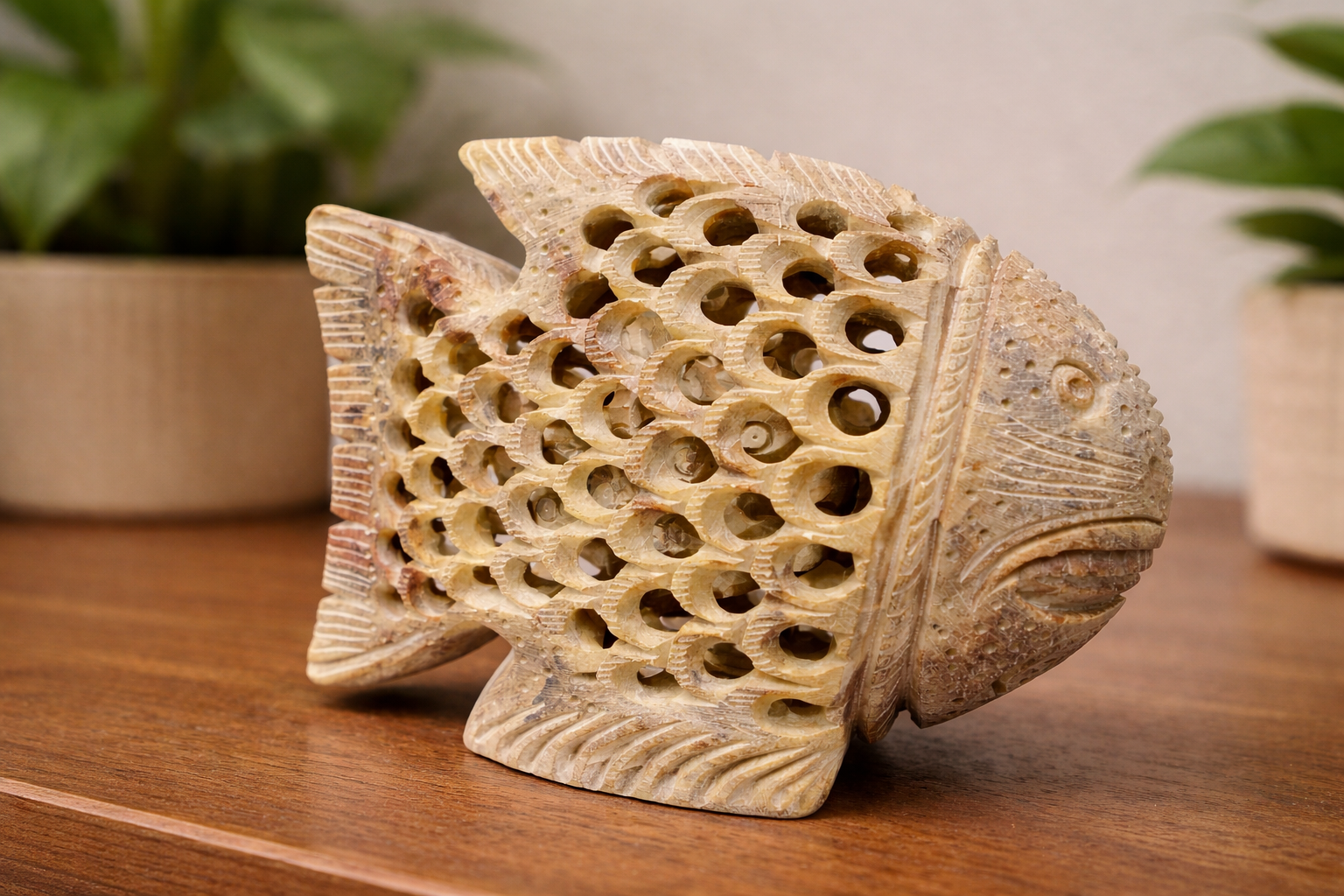Hand-carved soapstone fish sculpture with lattice detailing, natural stone decorative accent styled on wooden table with indoor plants, modern home décor piece.