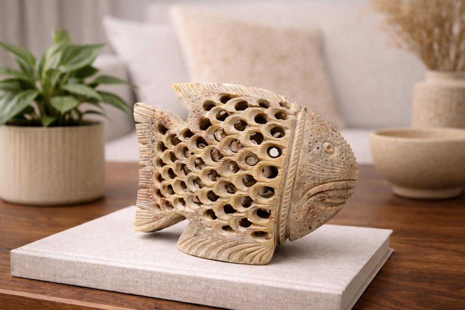 Hand-carved soapstone fish sculpture with intricate lattice detailing, on wooden table