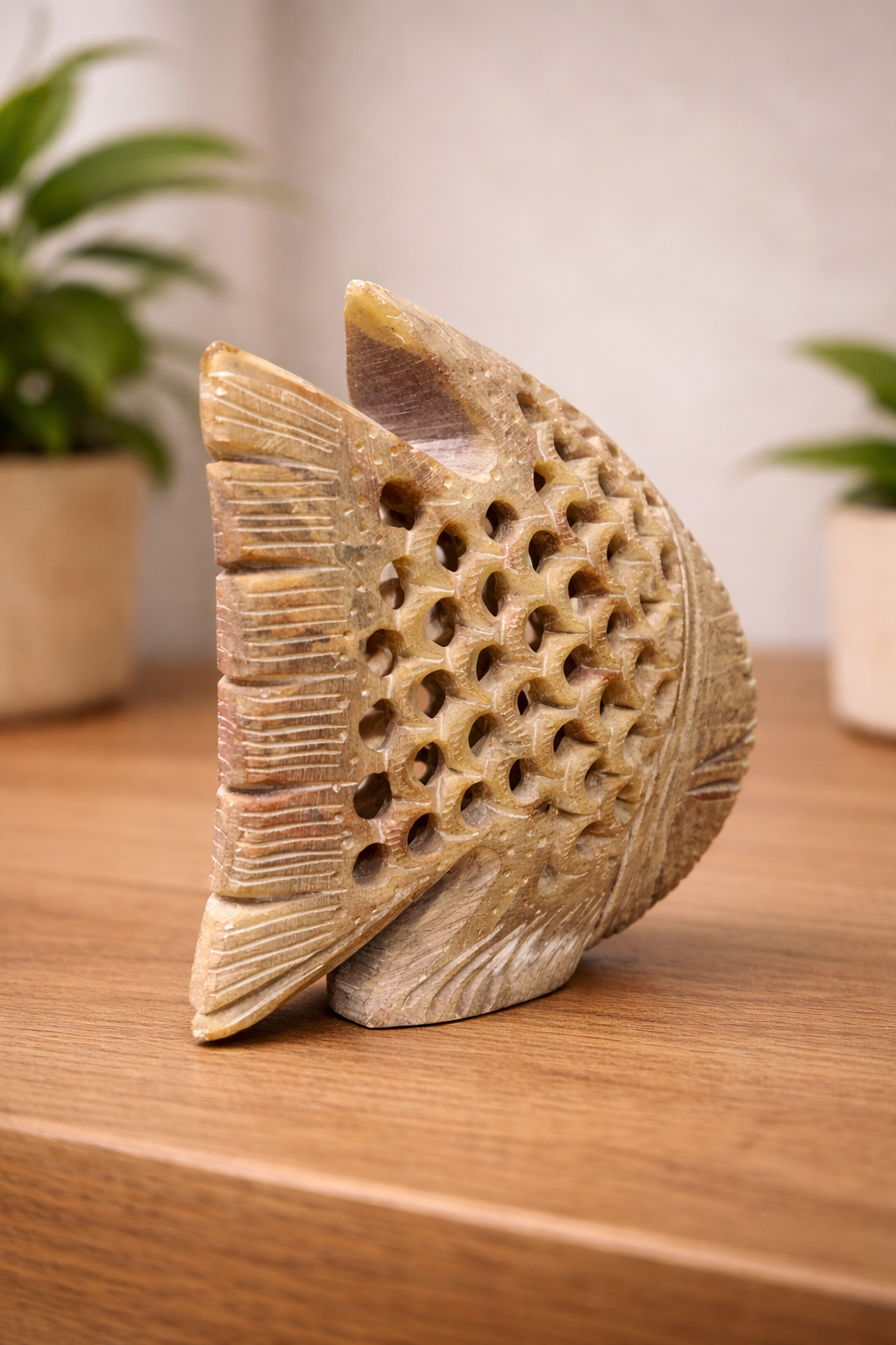 0.324 kg Hand-carved soapstone fish sculpture with lattice detailing, natural stone decorative accent