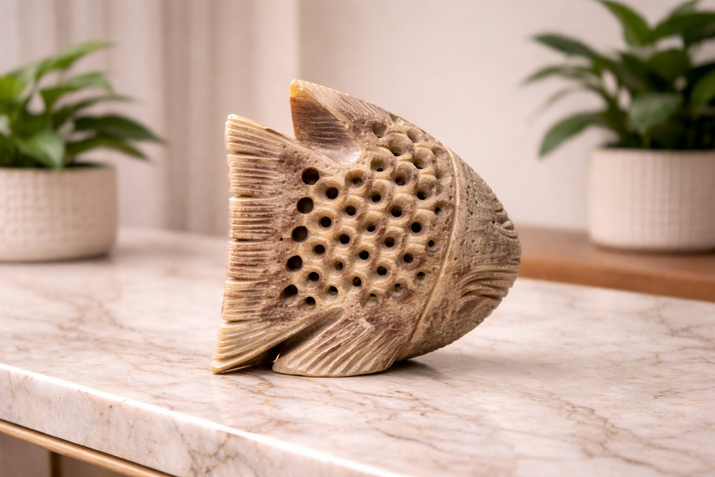 side view of hand-carved soapstone fish sculpture on white marble coffee table