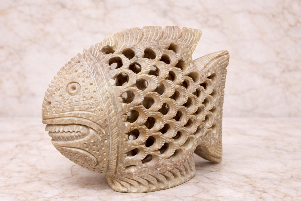 Hand-carved soapstone fish sculpture with intricate lattice detailing, natural beige stone decorative home NZ