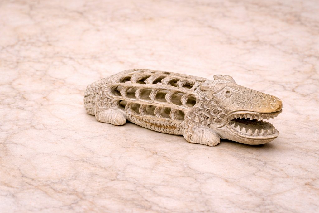 side view of Hand-carved soapstone crocodile figurine with intricate hollow lattice carving on marble surface