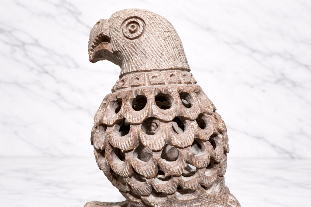 0.169 kg Hand-carved soapstone parrot sculpture with intricate openwork design