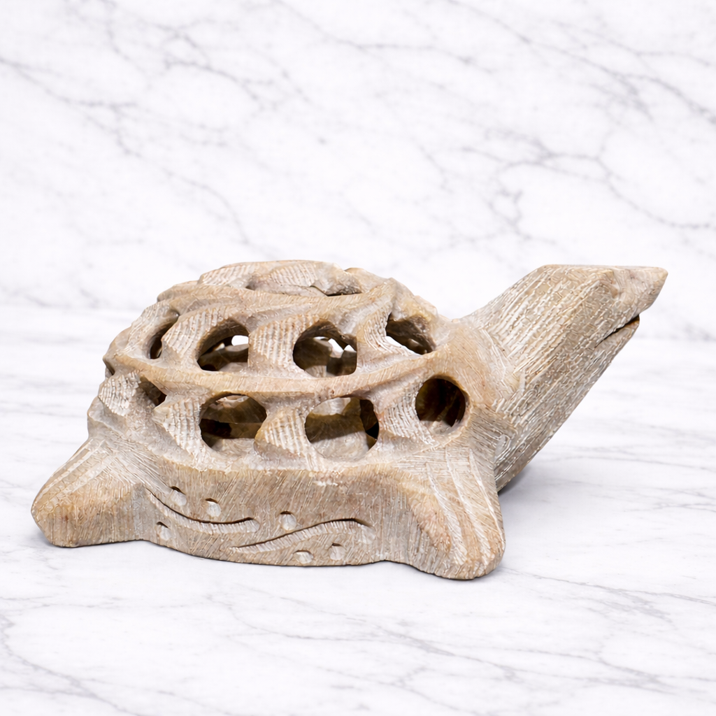 White marble turtle figurine with detailed openwork shell carving – natural stone home décor