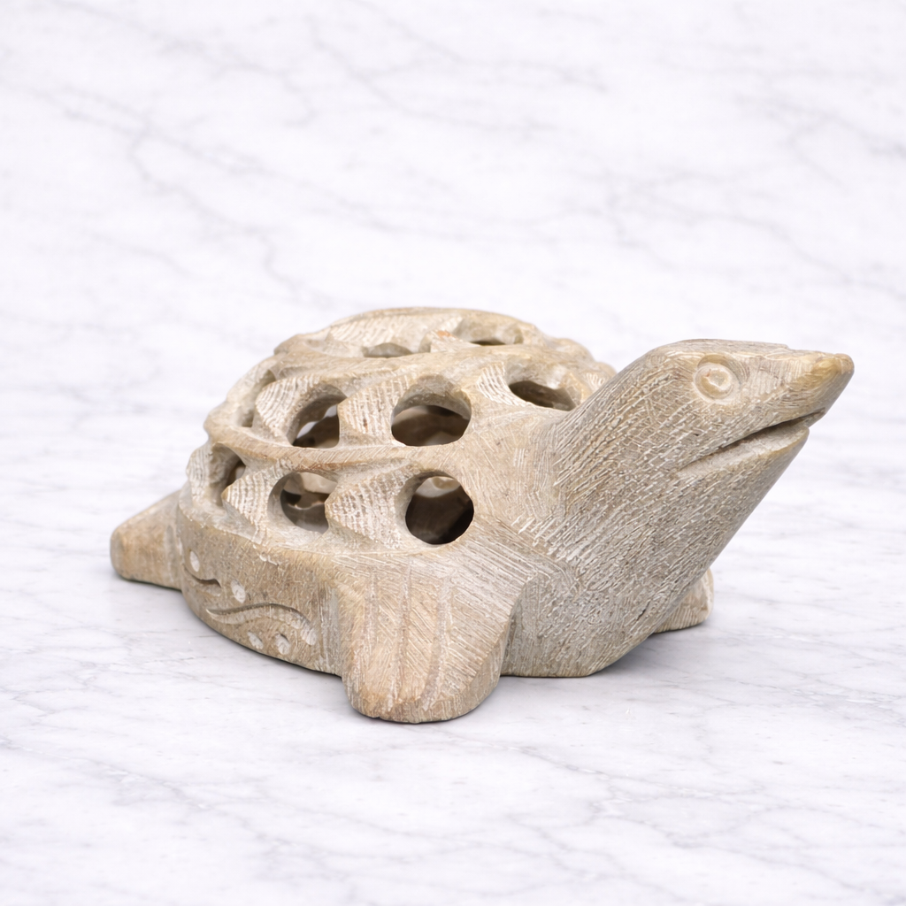 0.261 kg White marble turtle figurine with intricate pierced shell carving – natural stone home décor