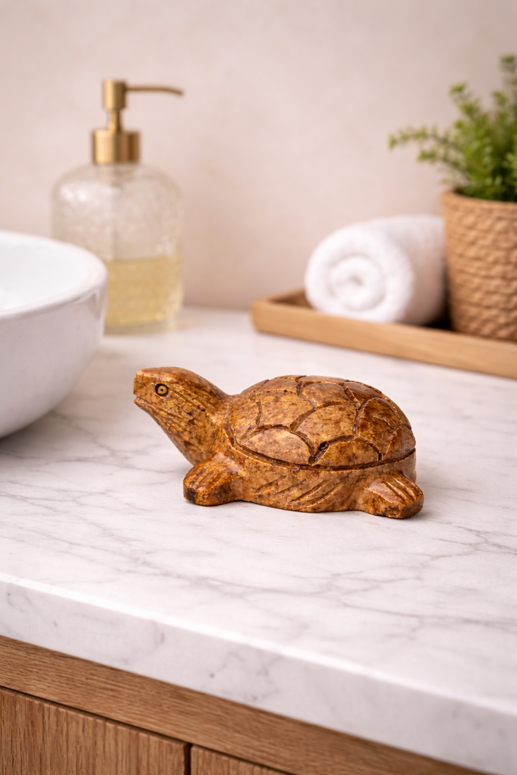 Hand-carved polished soapstone turtle sculpture styled on tabletop