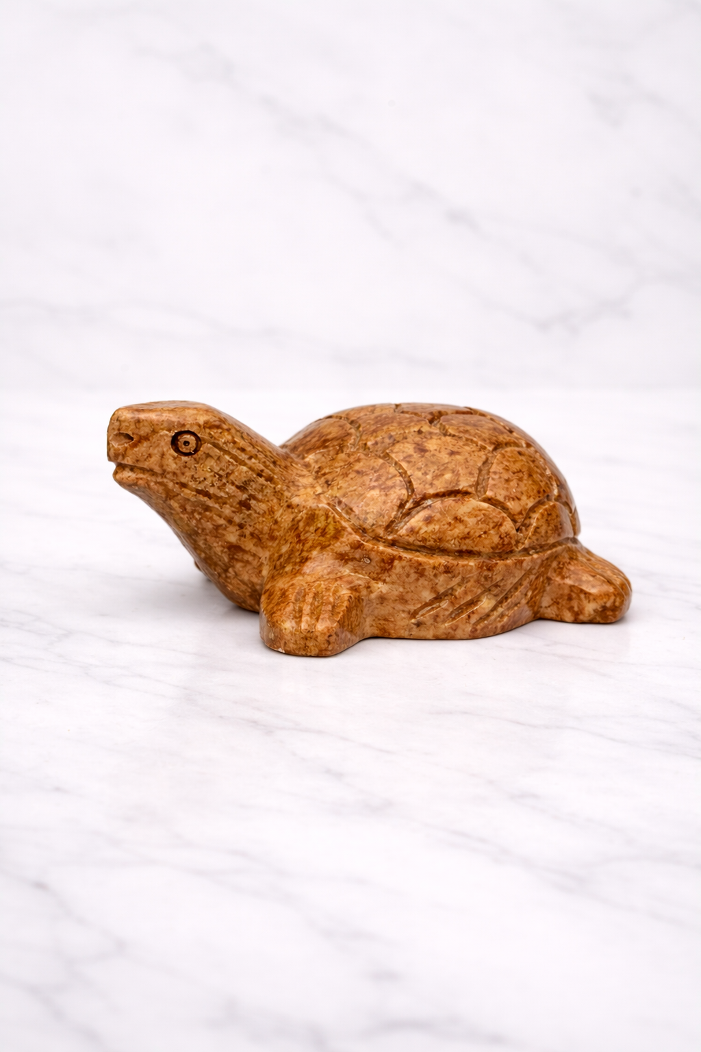 Polished natural soapstone turtle decor displayed on marble background