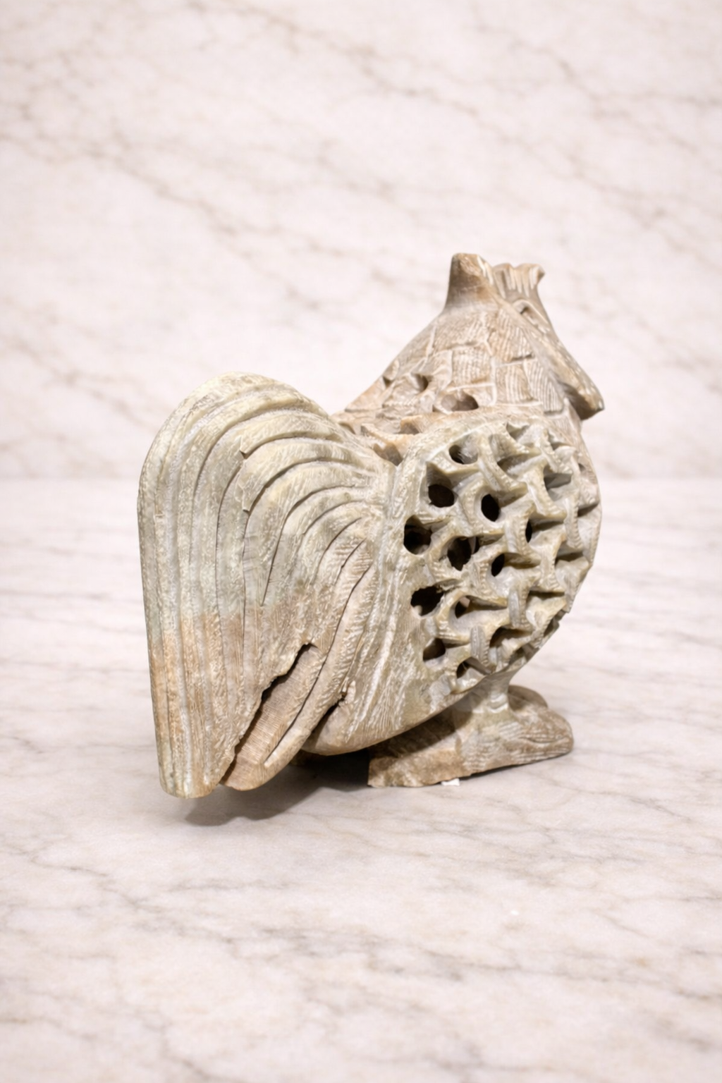 0.236 kg rare view of Natural soapstone rooster figurine featuring detailed jali carving