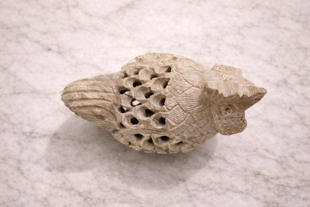 Top view of Soapstone rooster decorative sculpture with intricate openwork carving
