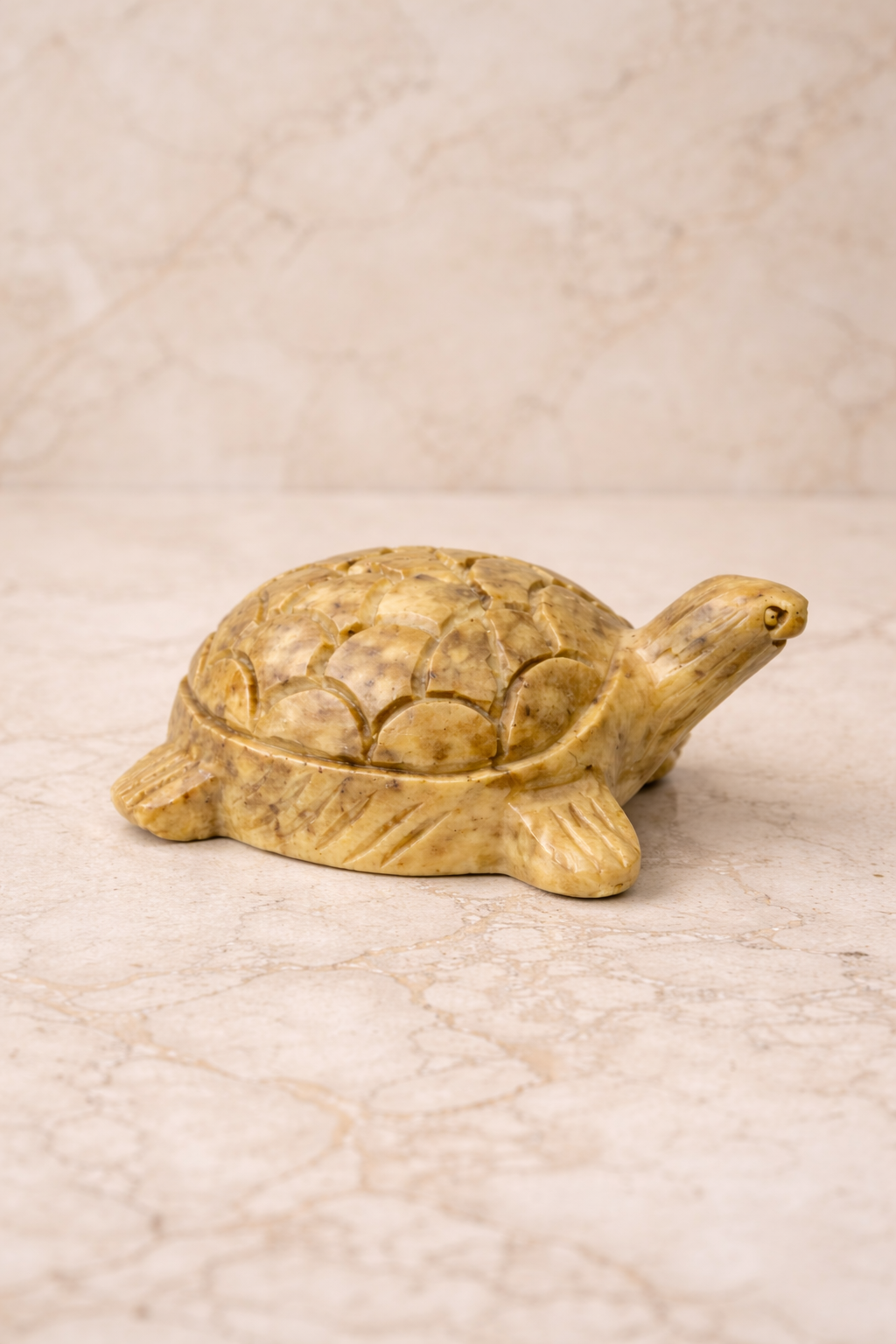 Hand-carved soapstone turtle figurine in warm natural tones on marble background
