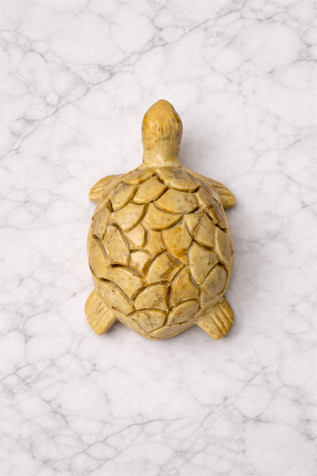 Natural soapstone turtle sculpture on marble desk surface