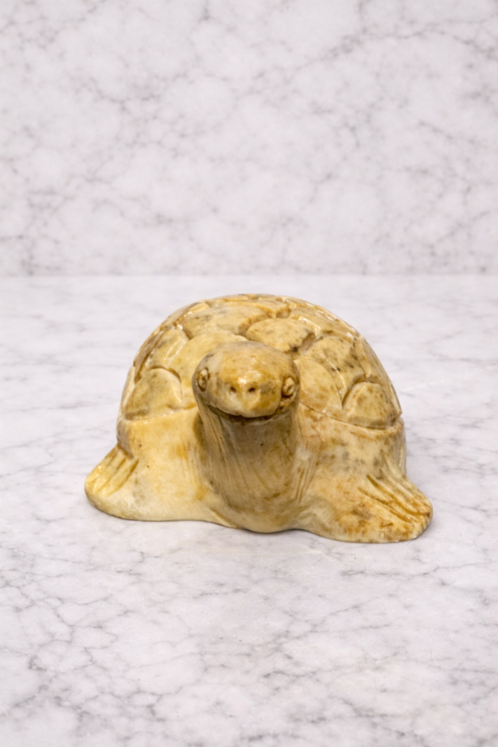 Polished soapstone turtle sculpture with carved shell detail on white marble surface