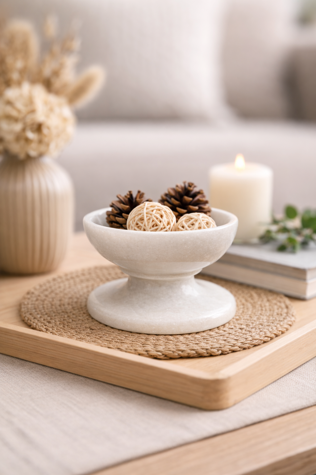 White marble pedestal bowl filled with pinecones on wooden tray in neutral home décor setting