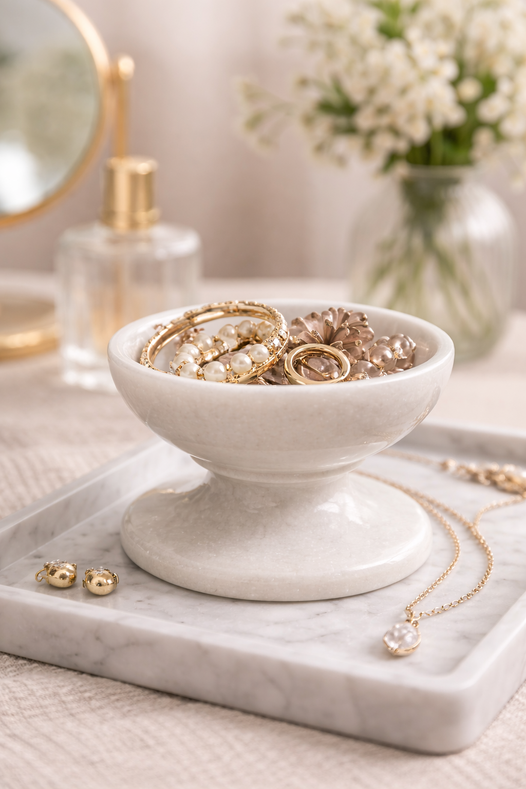 0.172 kg White marble pedestal bowl used as jewellery dish for rings and earrings