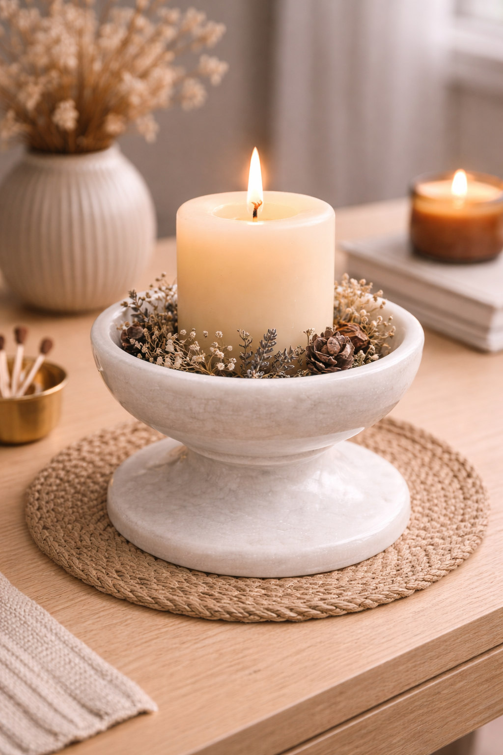 White marble pedestal bowl holding small pillar candle on modern coffee table