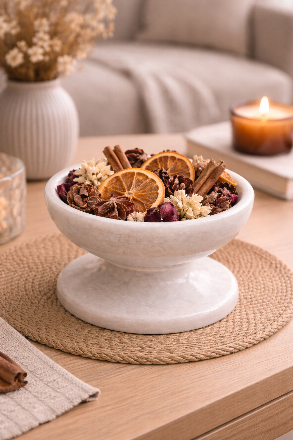 White marble pedestal bowl used as potpourri holder on woven mat and wooden tray at NZ homes