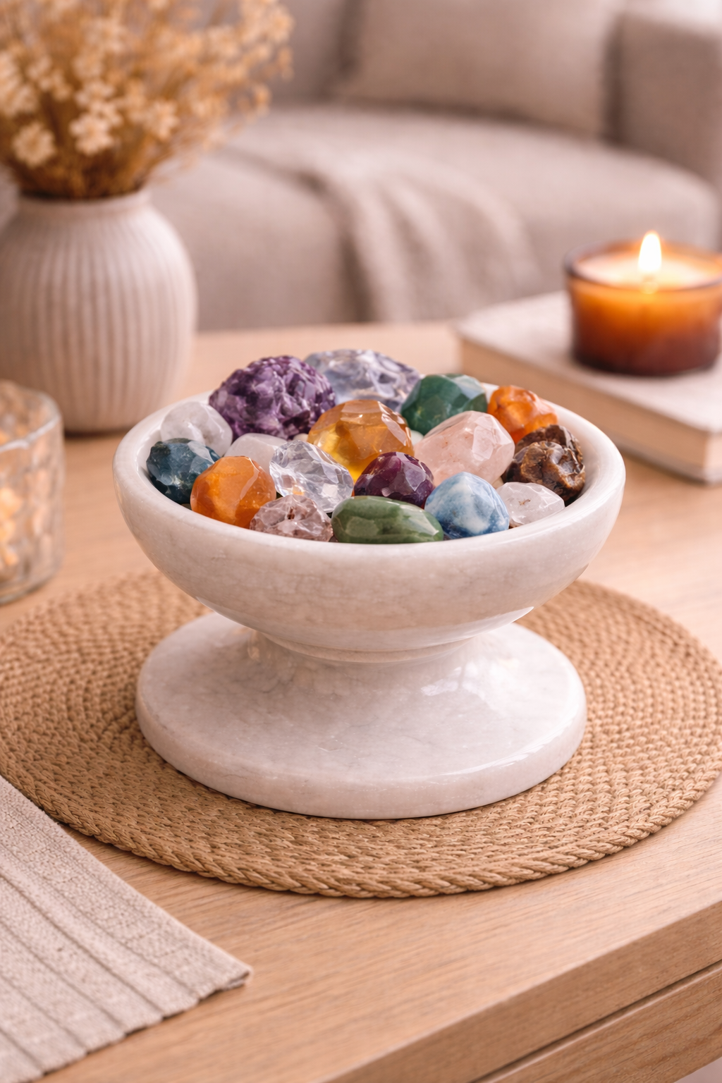 White marble pedestal bowl displaying decorative pebbles and crystals on wooden table