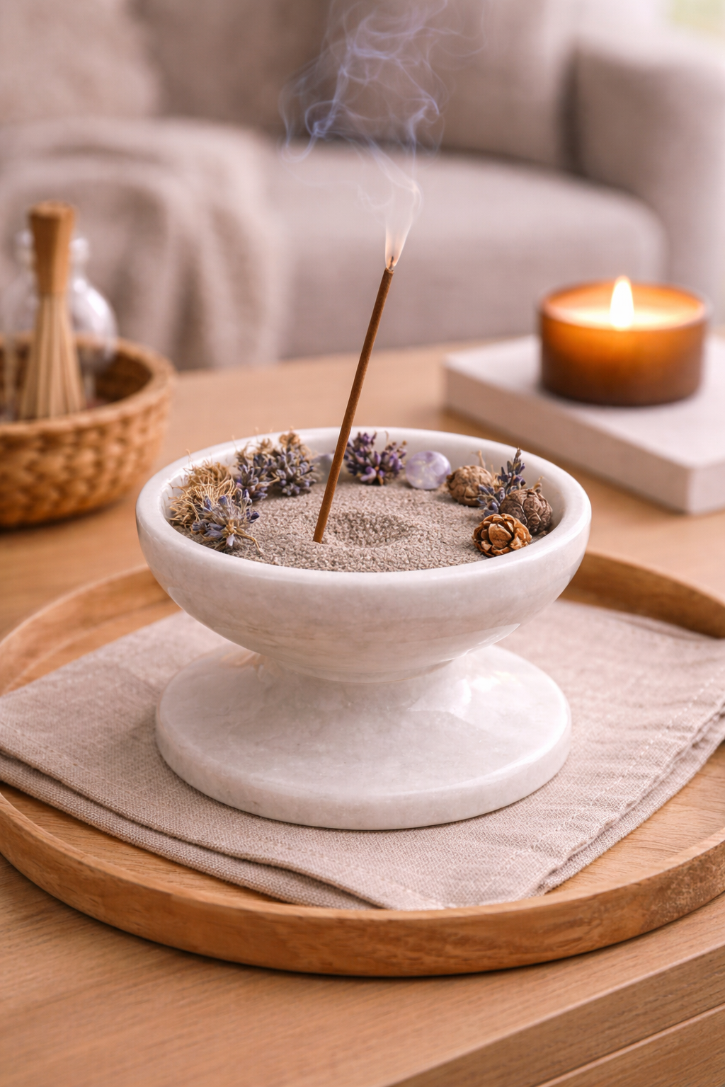 White marble pedestal bowl used as incense holder with sand and dried botanicals on wooden table