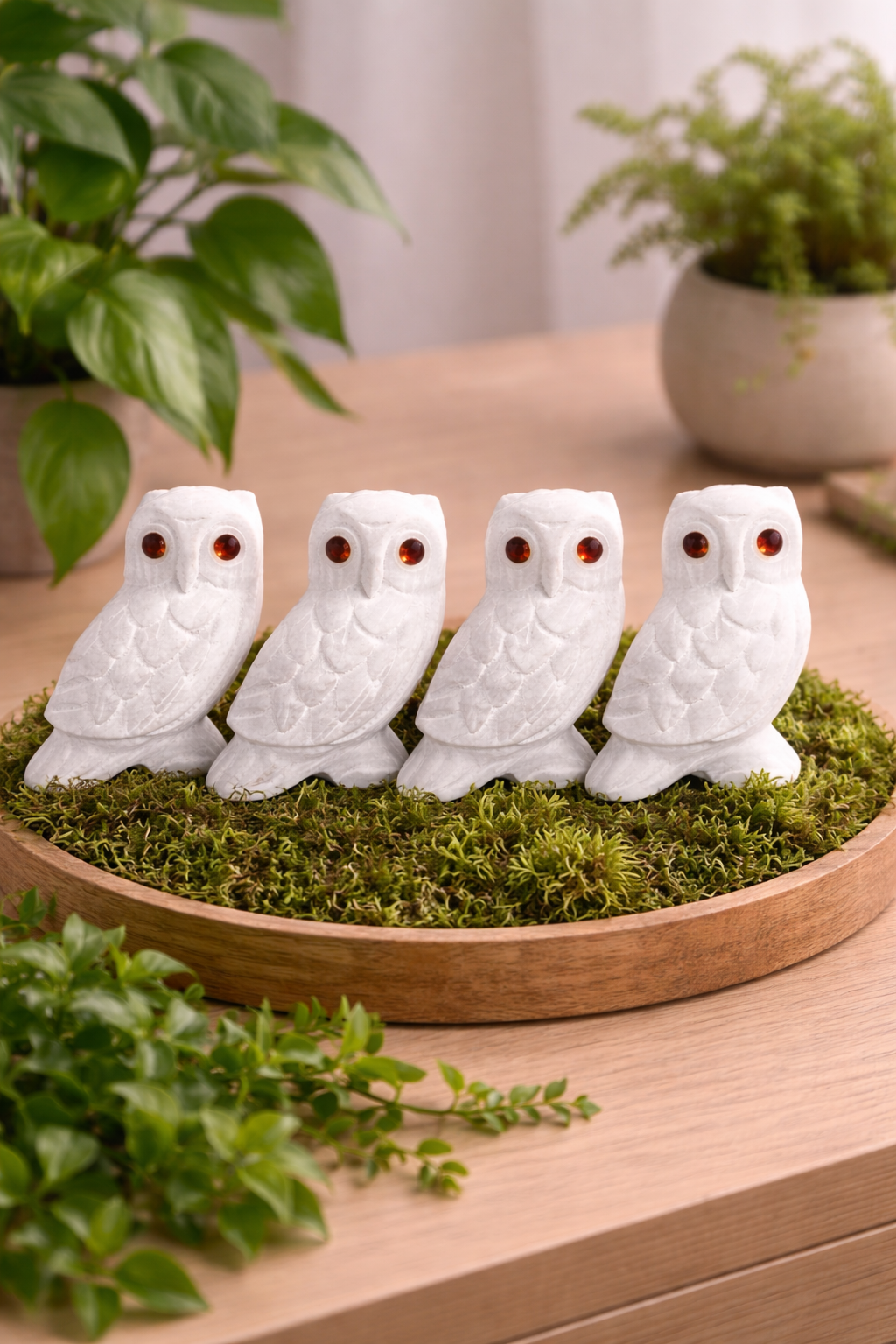 Set of four hand-carved white marble owl figurines styled on wooden table with indoor plants