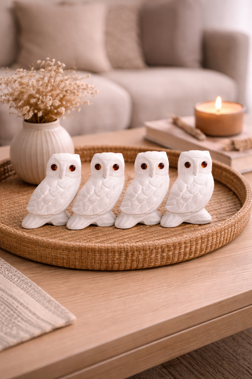 0.176 kg White marble owl figurine set arranged on oak console table