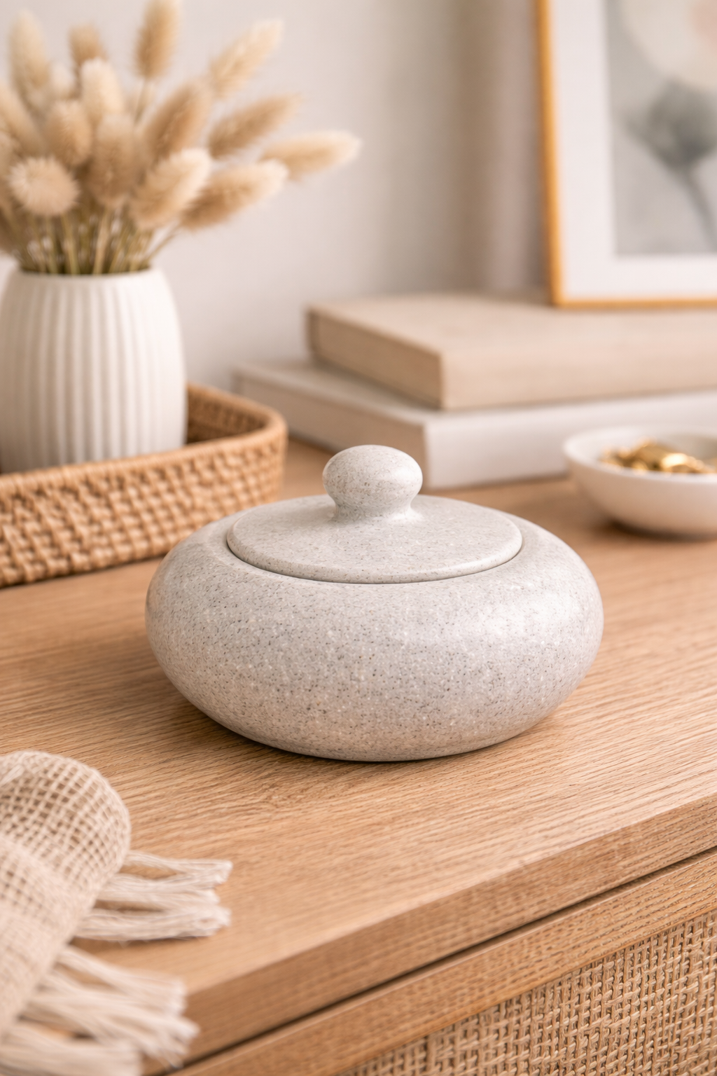 Natural white marble bowl with lid styled as decorative storage container in modern home